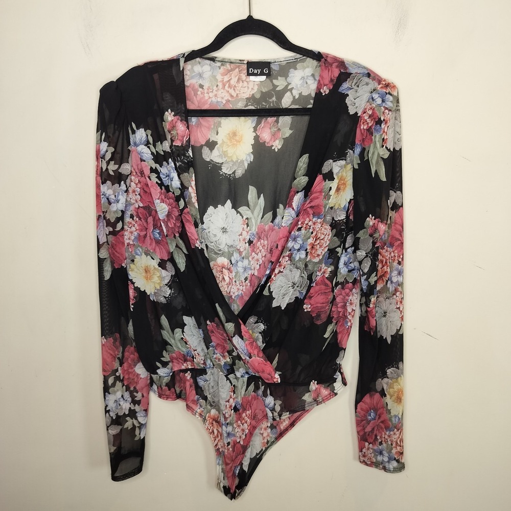 Day G Bodysuit Floral Mesh Knit Long Sleeve Plus